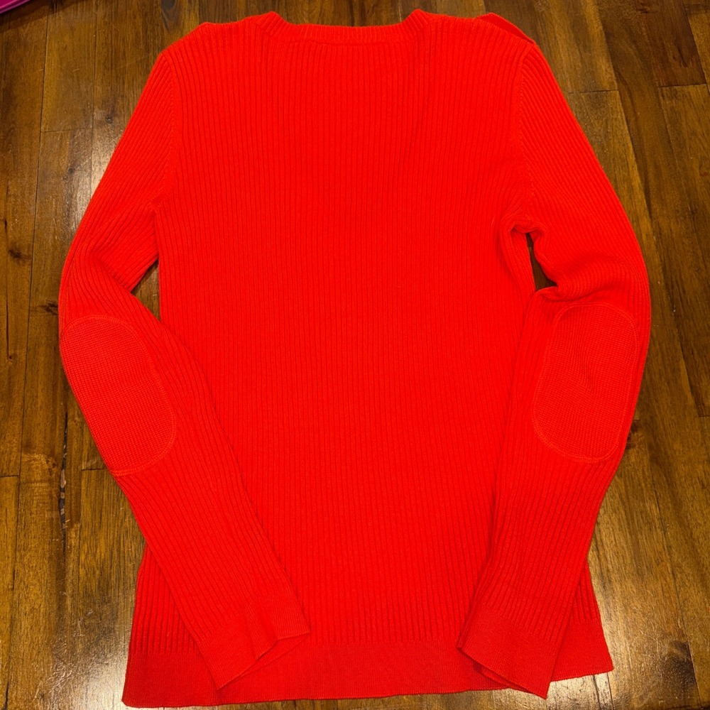 Tory Burch Orange Cashmere Ribbed V-Neck Sweater Elbow Patches Gold Button Large - Picture 7 of 8